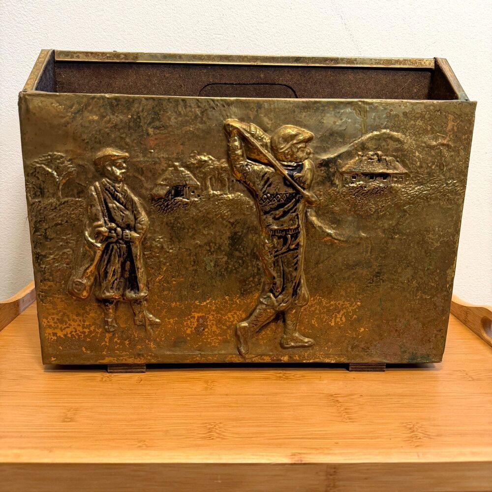 Vintage Golf Magazine Rack Brass Tone Golfer Relief Newspaper Holder Patina